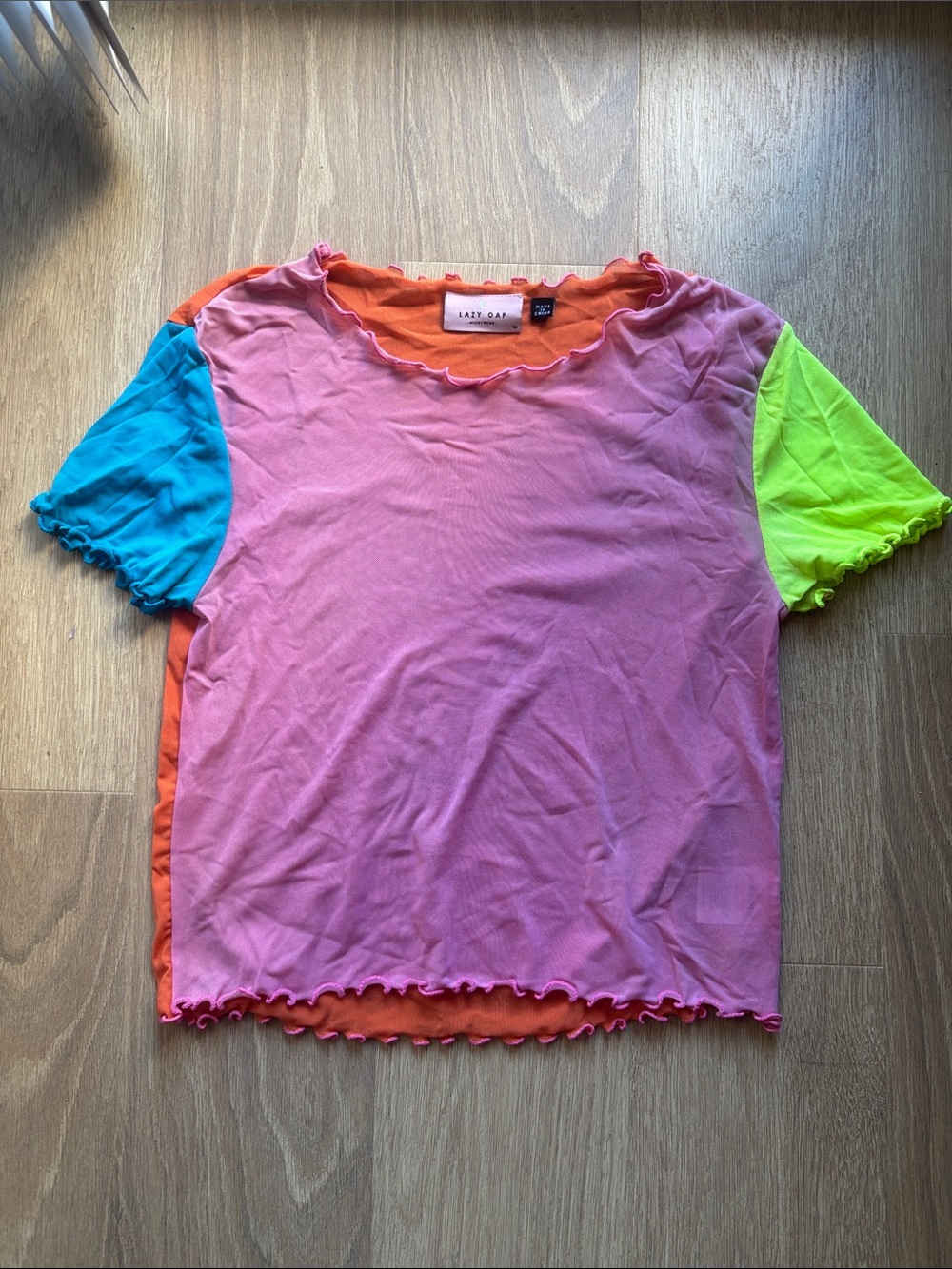Lazy Oaf Colorblock Mesh Pink & Orange Tee with Blue & Neon Green Sleeves